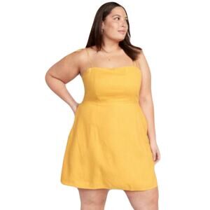 NWOT OLD NAVY Dress 3X Linen Yellow Smocked-Back Adjust-Bow-Straps Pocket Knee